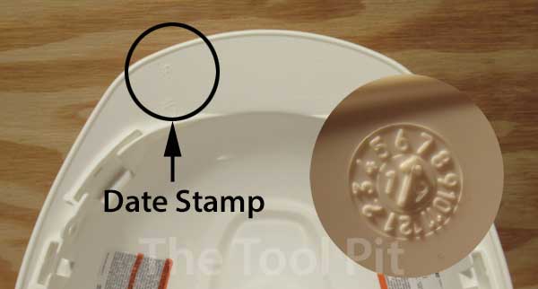 Date of manufacture stamp on a hard hat brim