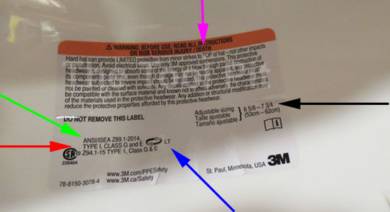 Ansi safety label inside hard hat